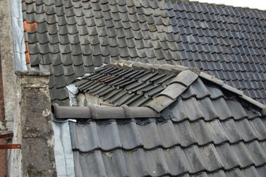 <p>Foto van een deel van de daken van het huis die verbonden zijn met een tussenlid. Het dak van het linker huis is gedekt met gesmoorde OVH dakpannen, de overige dakvlakken hebben gesmoorde hand gevormde ceramische oud-Hollandse dakpannen. Op het achterhuis zijn deze gemengd met geglazuurde exemplaren (foto ARCX 3-11-2011).  </p>
